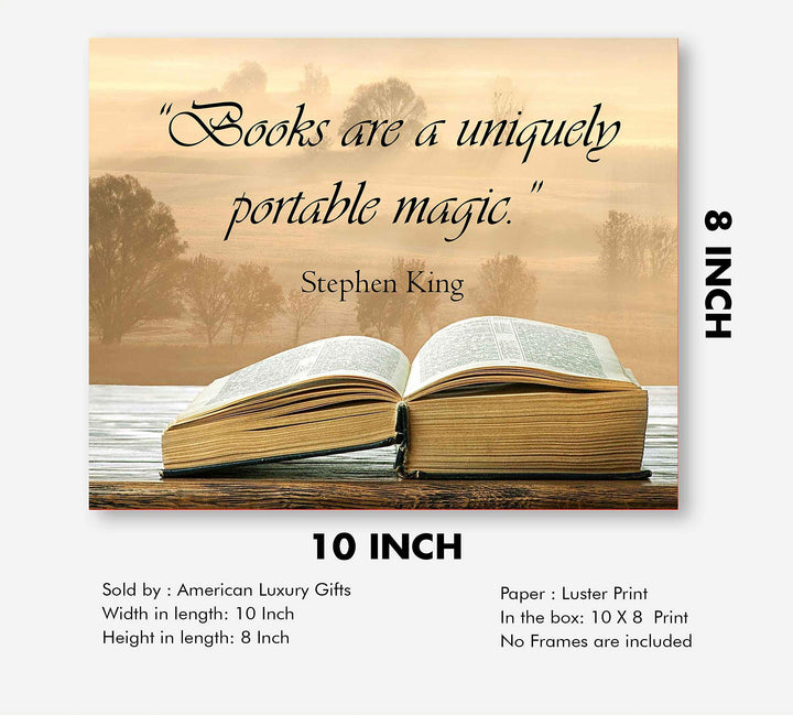 Stephen King Quotes Wall Art-"Books Are A Uniquely Portable Magic"- 10 x 8" Inspirational Typographic Print-Ready to Frame. Home-Office-School-Library Decor. Great Gift for Fans &amp; All Book Lovers!