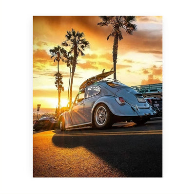 Beetle Car at the Beach Inspirational Beach Sunset Photo Decor -8 x 10" Retro Car Wall Art Print with Surfboard Image -Ready to Frame. Ocean Themed Decoration for Home-Office-Dorm-Beach House!