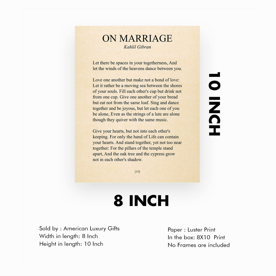 On Marriage-Kahlil Gibran Wedding Poem Wall Art -8 x 10"-Inspirational Poetic Print -Ready to Frame. Perfect Home-Office-Wedding Table-Anniversary Decor. Loving Keepsake Gift for Husband &amp; Wife!