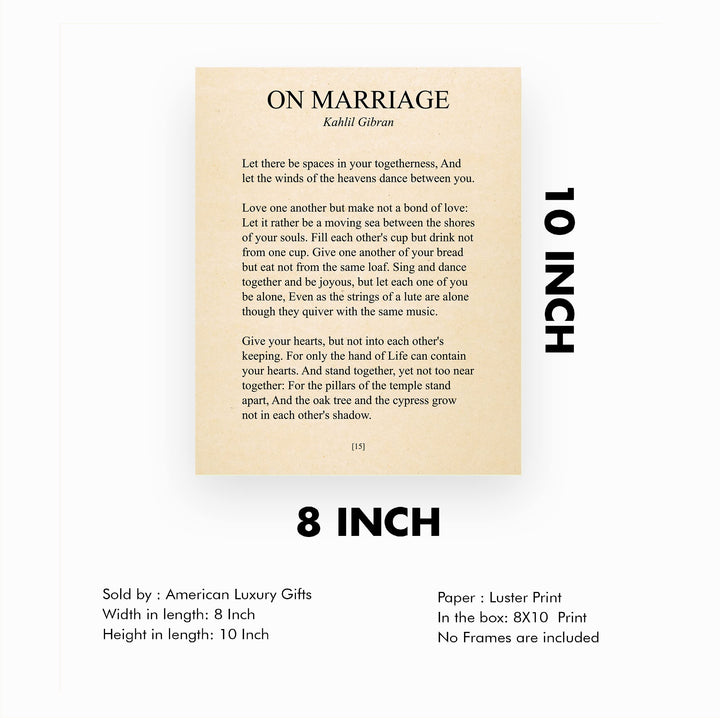 On Marriage-Kahlil Gibran Wedding Poem Wall Art -8 x 10"-Inspirational Poetic Print -Ready to Frame. Perfect Home-Office-Wedding Table-Anniversary Decor. Loving Keepsake Gift for Husband &amp; Wife!