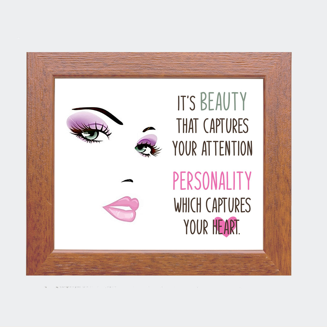Beauty Captures Your Attention- Inspirational Quotes Wall Art -10 x 8" Makeup Face Silhouette Print -Ready to Frame. Home-Girls Bedroom-Studio-Salon Decor. Inspire Confidence in Teens &amp; Women!