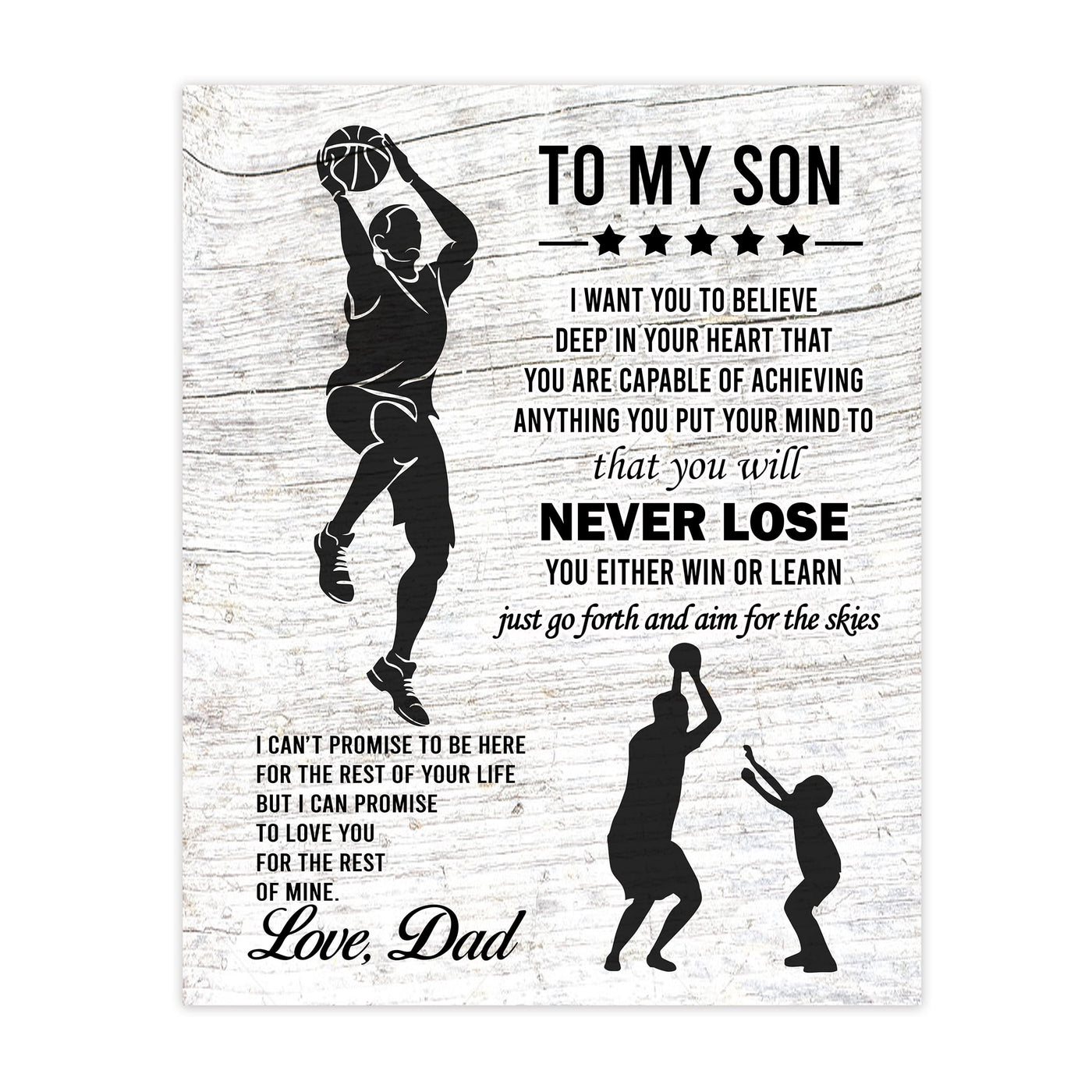 "To My Son -Never Lose- Win or Learn" Inspirational Family Wall Art Sign -11x14" Typographic Sports Poster Print -Ready to Frame. Loving Message for Any Son. Great Keepsake Gift Love Dad!