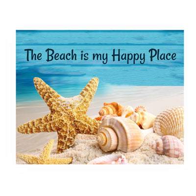 The Beach Is My Happy Place- Ocean Themed Wall Art Decor -10 x 8" Sea Shells & Starfish in the Sand Picture Print -Ready to Frame. Fun Coastal Decoration for Home-Office-Beach House Decor.