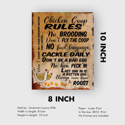 Chicken Coop Rules-Cackle Daily-Funny Farmhouse Wall Sign -8 x 10" Rustic Chicken Art Print-Ready to Frame. Retro Country Decor for Home-Kitchen-Farm-Patio. Great Gift! Printed on Photo Paper.