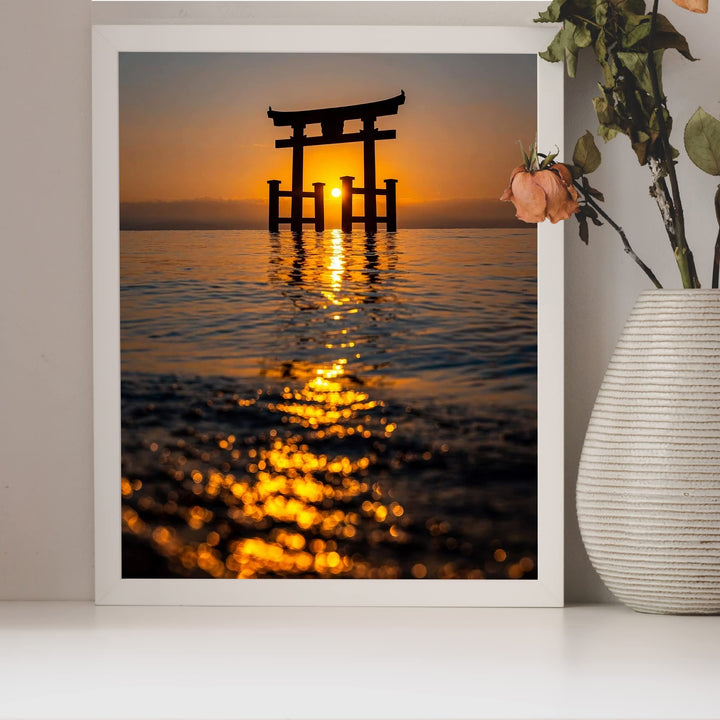 Shinto Shrine Inspirational Wall Art -8 x 10" Peaceful Beach Sunset Picture Print -Ready to Frame. Inspiring Decor for Home-Office-Studio-School-Ocean Themes. Great Zen Gift for Motivation!