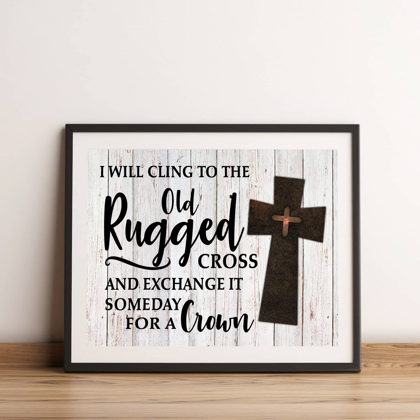 I Will Cling to the Old Rugged Cross Praise Hymns Wall Art -14 x 11" Christian Worship Music Cross Print w/Replica Wood Design-Ready to Frame. Classic Hymn for Home-Office-Studio-Church Decor!