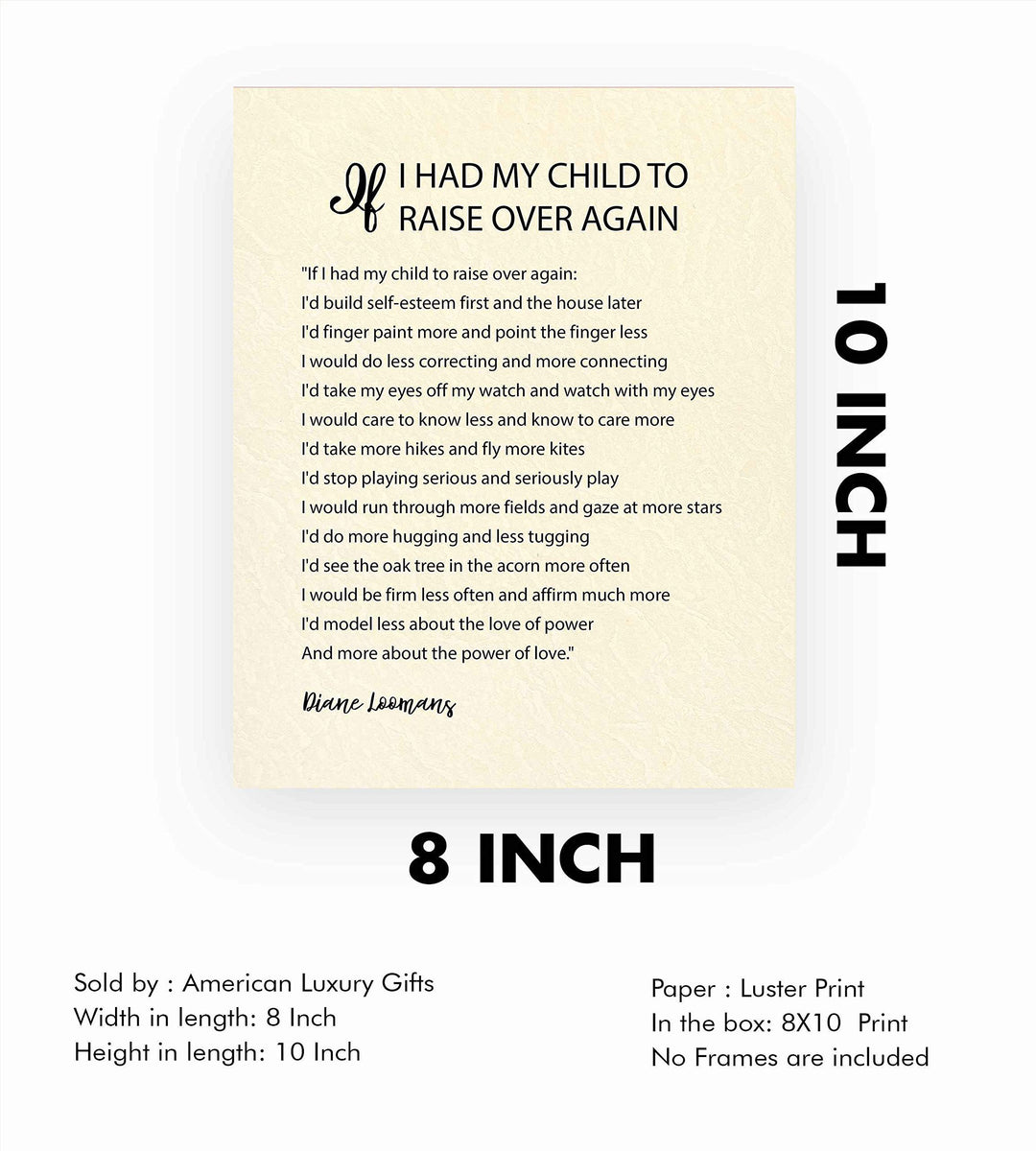 ?If I Had My Child To Raise Over Again?-Diane Loomans Quotes Wall Art -8 x 10" Modern Poster Print-Ready to Frame. Inspirational Home-Office-School Decor. Positive Advice to Inspire Family Time!