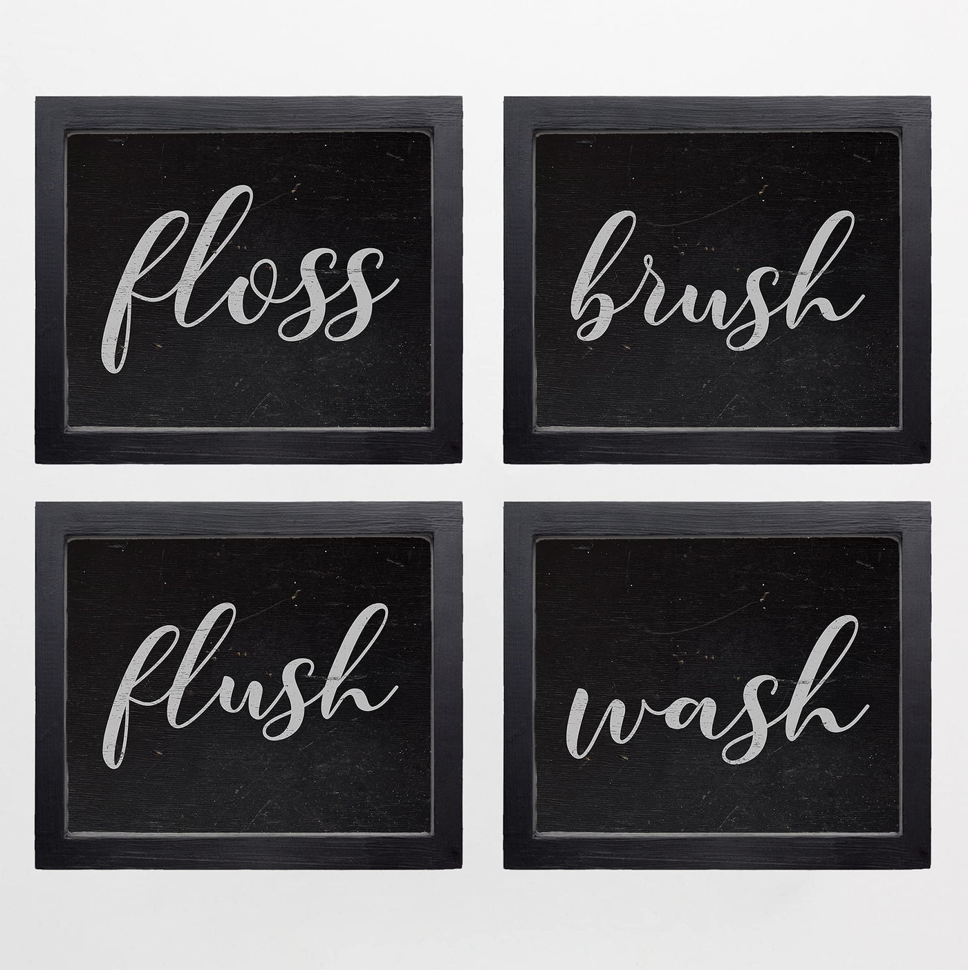 Floss-Brush-Flush-Wash Funny Bathroom Decor-Set of (4)-10 x 8" Typographic Wall Prints-Ready to Frame. Rustic Farmhouse Design. Humorous Signs-Fun Home-Guest Bathroom Decor! Printed on Photo Paper.