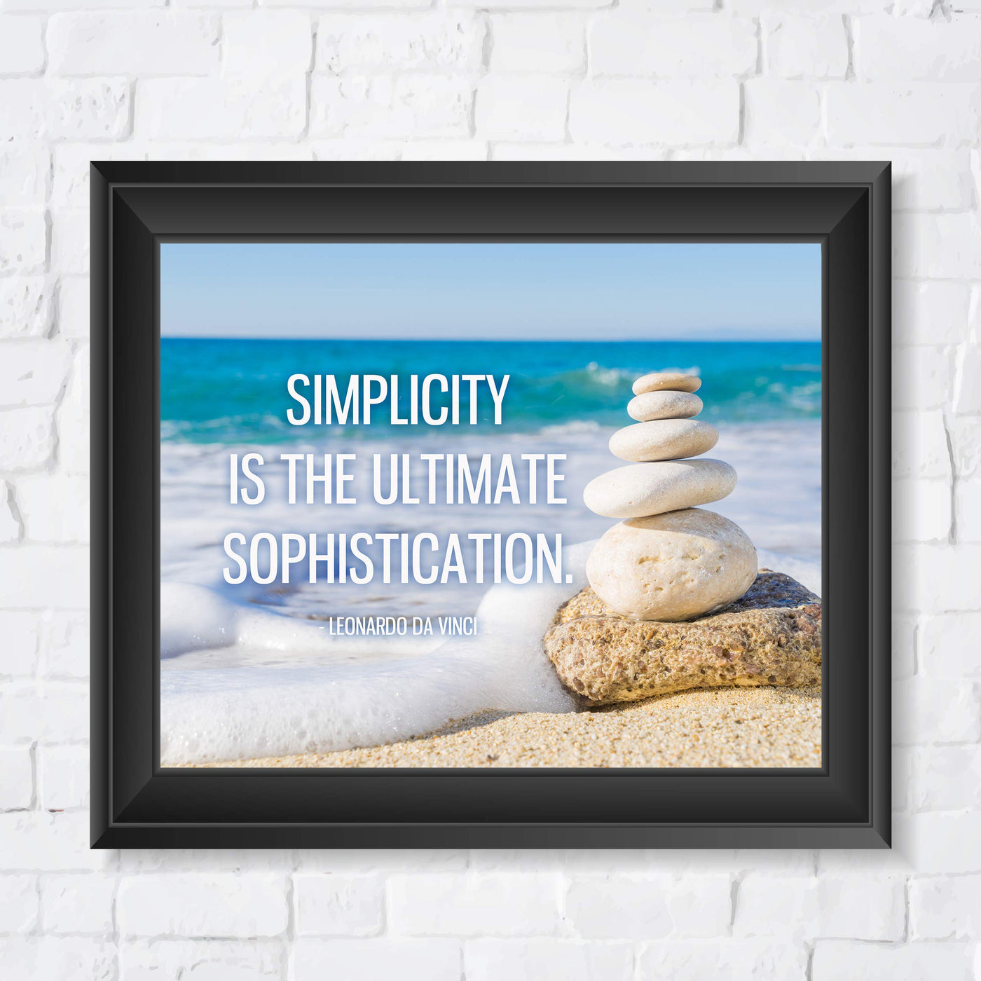 Leonardo Da Vinci Quotes-"Simplicity Is the Ultimate Sophistication"-Inspirational Wall Art -10 x 8" Beach Photo Print w/Stacked Stones Image-Ready to Frame. Home-Office-Studio-School-Library Decor.