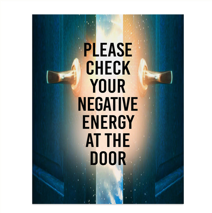 Check Negative Energy At Door Spiritual Quotes Wall Art- 8 x 10" Modern Typographic Wall Print with Open Door Image-Ready to Frame. Inspirational Life Quotes for Home-Studio-Office-Zen Decor!