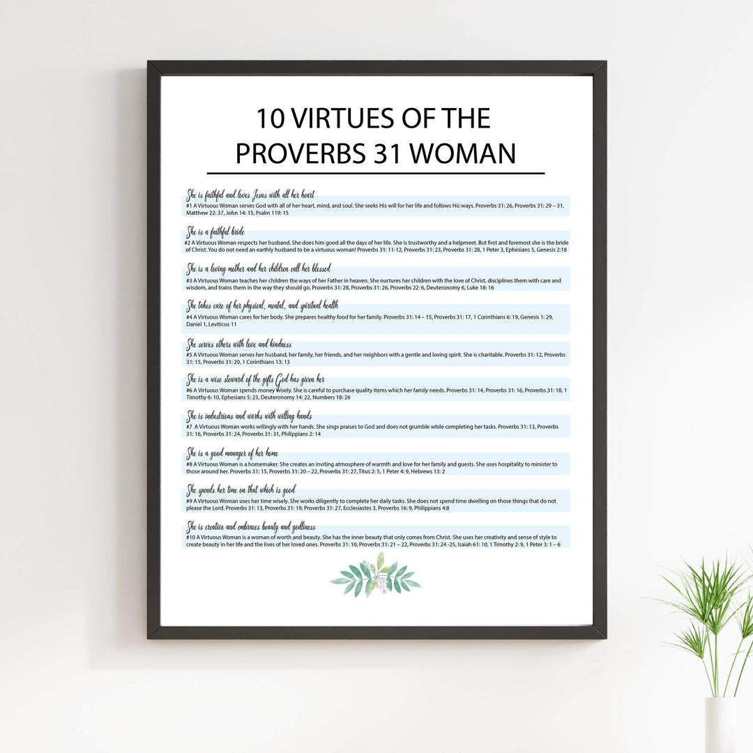 Ten Virtues of the Proverbs 31 Woman-Bible Verse Wall Art Sign -11 x 14" Scripture Wall Print-Ready to Frame. Inspirational Home-Office-Church Decor. Great Religious Gift for Christian Women!