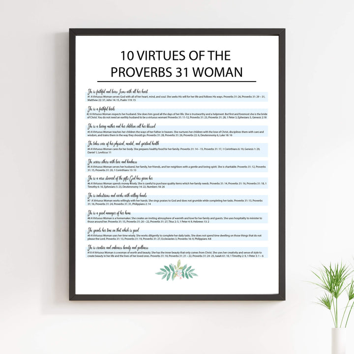 Ten Virtues of the Proverbs 31 Woman-Bible Verse Wall Art Sign -11 x 14" Scripture Wall Print-Ready to Frame. Inspirational Home-Office-Church Decor. Great Religious Gift for Christian Women!