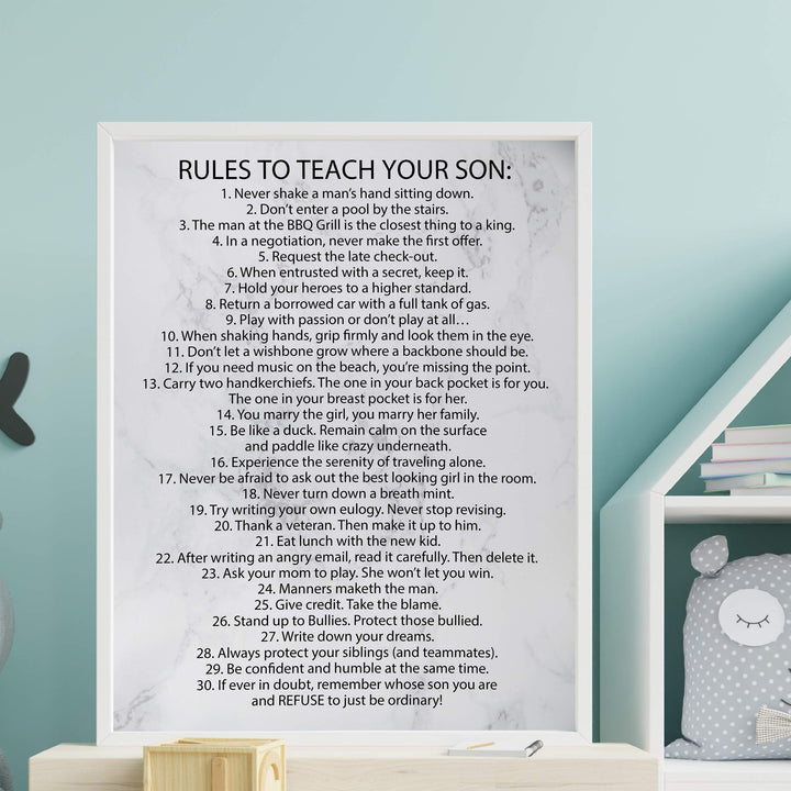 Rules To Teach Your Son Motivational Family Wall Art Sign -11 x 14" Modern Typographic Wall Decor-Ready to Frame. Fun &amp; Inspirational Keepsake for Any Son. Great Graduation Gift!