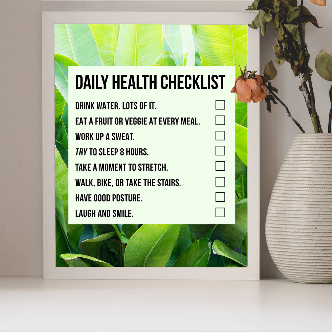 Daily Health Checklist-Motivational Quotes Wall Art-8 x 10" Typographic Diet-Exercise-Fitness Print-Ready to Frame. Home-Office-Gym-Locker Room-Classroom Decor. Perfect Sign for Motivation!