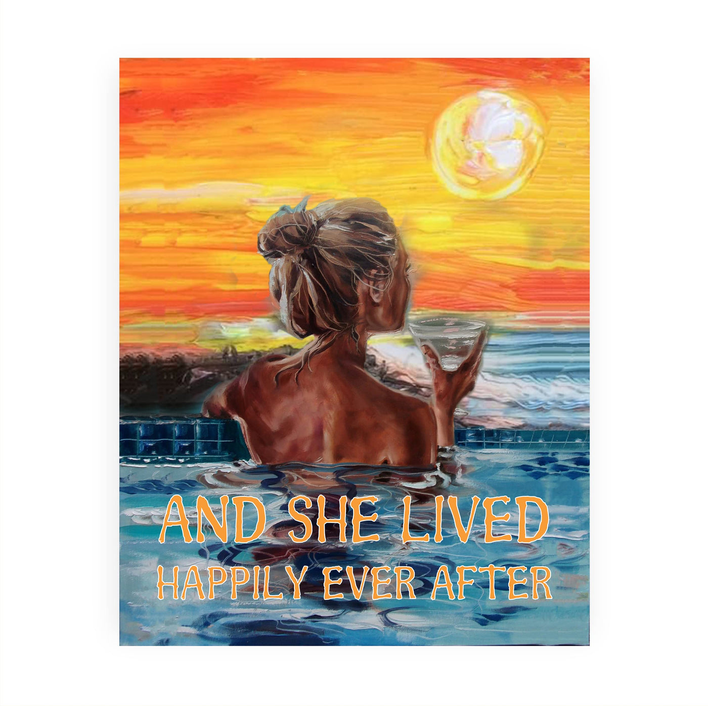 And She Lived Happily Ever After Inspirational Wall Art -8 x 10" Beautiful Tropical Sunset Painting Print -Ready to Frame. Perfect Home-Bathroom-Office-Studio-Spa Decor. Great Gift for All Women!