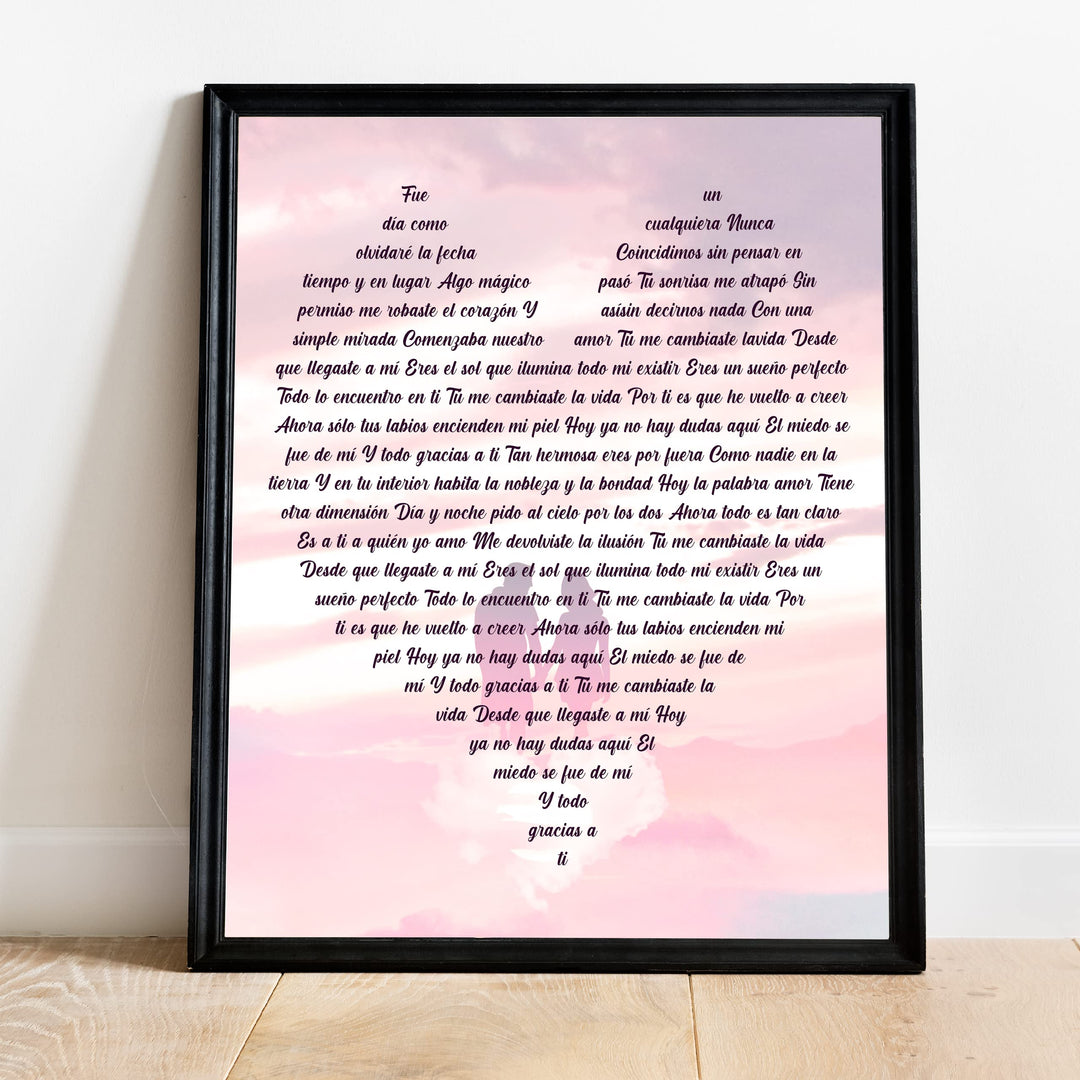 "Tu Me Cambiaste La Vida" Spanish Love Song Wall Art -11 x 14" Romantic Music Lyrics Wall Print -Ready to Frame. Loving Home-Bedroom-Studio Decor. Cute Gift for Couples &amp; Valentines!