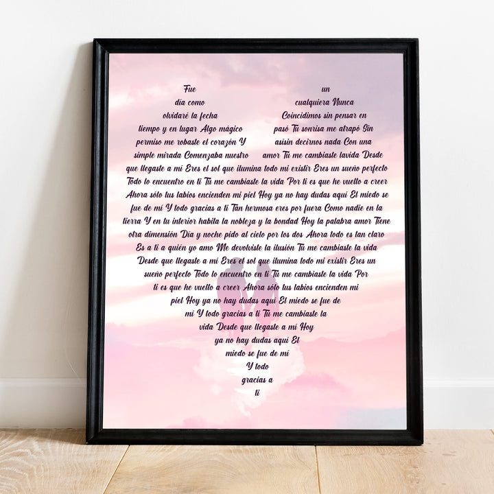 "Tu Me Cambiaste La Vida" Spanish Love Song Wall Art -11 x 14" Romantic Music Lyrics Wall Print -Ready to Frame. Loving Home-Bedroom-Studio Decor. Cute Gift for Couples &amp; Valentines!