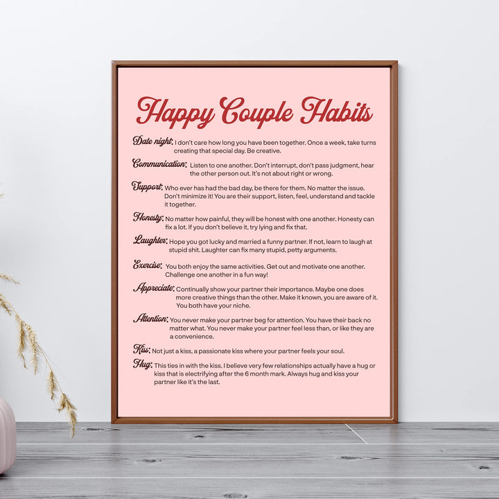 Happy Couple Habits Inspirational Wall Art Decor -11 x 14" Love &amp; Marriage Life Lessons Print -Ready to Frame. Modern Typographic Design. Romantic Anniversary Gift &amp; Wedding Sign for All Couples!