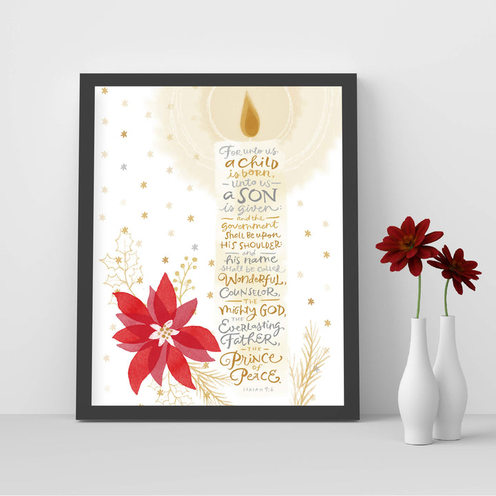 ?For Unto Us a Child Is Born-The Prince of Peace? -Isaiah 9:6 -Bible Verse Wall Art-8 x 10" -Typographic Candle Design w/Poinsettia-Ready to Frame. Scripture Print Ideal for Home-Office-Church D?cor.
