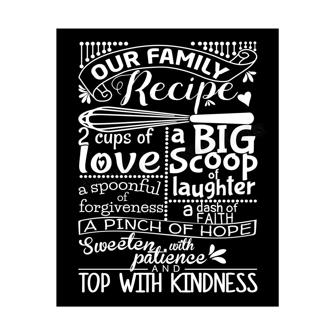 Our Family Recipe-Love-Laughter-Kindness- Family Wall Art Sign- 8 x 10"- Chalkboard Replica Print- Ready to Frame. Home D?cor-Kitchen Decor- Dining D?cor. Fun & Perfect Housewarming Gift.