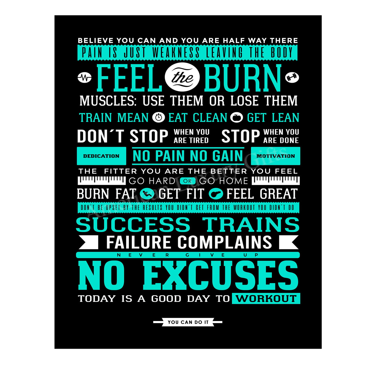 Feel the Burn-No Excuses Motivational Quotes Exercise Wall Sign -11 x 14" Inspirational Fitness Poster Print-Ready to Frame. Positive Decor for Home-Gym-Weight Room. Great Gift of Motivation!