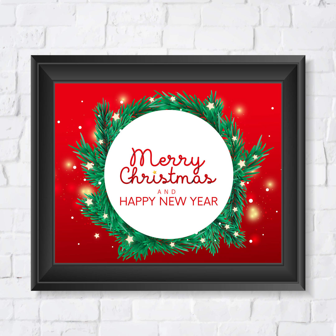 Merry Christmas &amp; A Happy New Year Holiday Decor Wall Art -10 x 8" Modern Christmas Wreath Art Print-Ready to Frame. Festive Home-Kitchen-Farmhouse Decor. Perfect Welcome Sign-Winter Decoration!