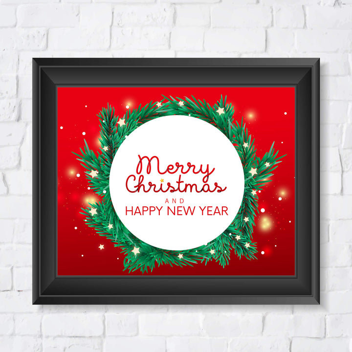 Merry Christmas &amp; A Happy New Year Holiday Decor Wall Art -10 x 8" Modern Christmas Wreath Art Print-Ready to Frame. Festive Home-Kitchen-Farmhouse Decor. Perfect Welcome Sign-Winter Decoration!