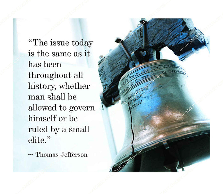 Thomas Jefferson Quotes Wall Art-"Man Shall Govern Himself-Be Ruled By Small Elite"-14 x 11" Patriotic Poster Print with Liberty Bell Photo-Ready to Frame. Perfect Home-Office-School-Library Decor!