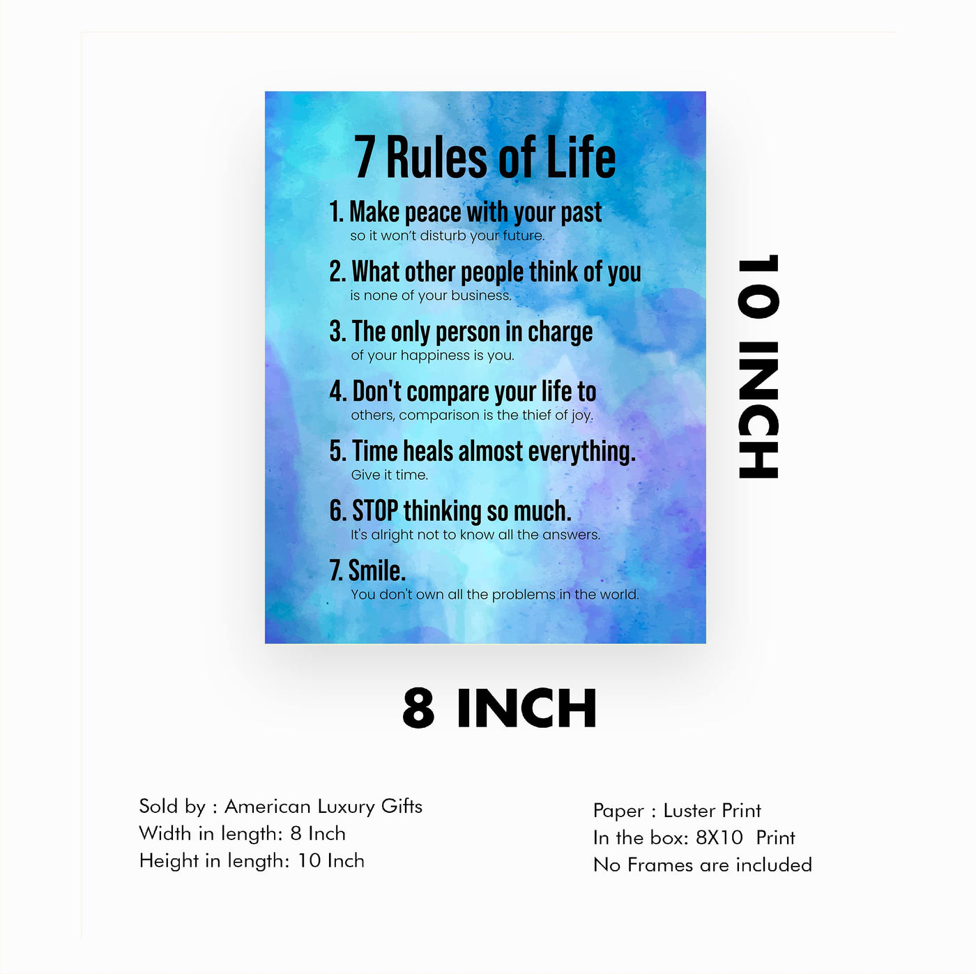 7 Rules of Life - Smile Inspirational Quotes Wall Sign -8 x 10" Motivational Poster Print -Ready to Frame. Modern Typographic Design. Positive Home-Office-School Decor. Perfect Life Lessons!