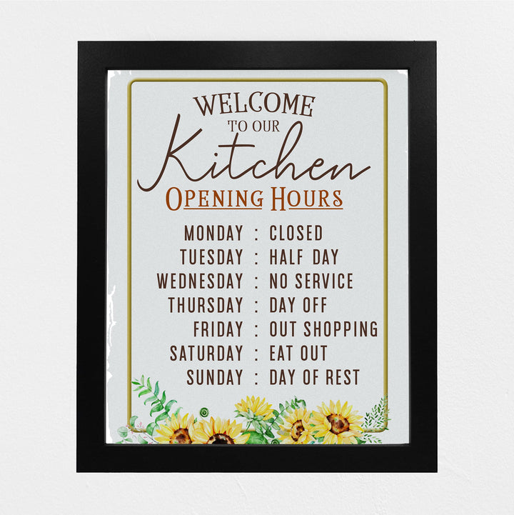 "Kitchen Opening Hours: Monday Closed" Funny Kitchen Wall Sign -11 x14" Typographic Farmhouse Wall Art Print -Ready to Frame. Perfect Home, Kitchen, &amp; Dining Decor. Fun for Family &amp; Guests!