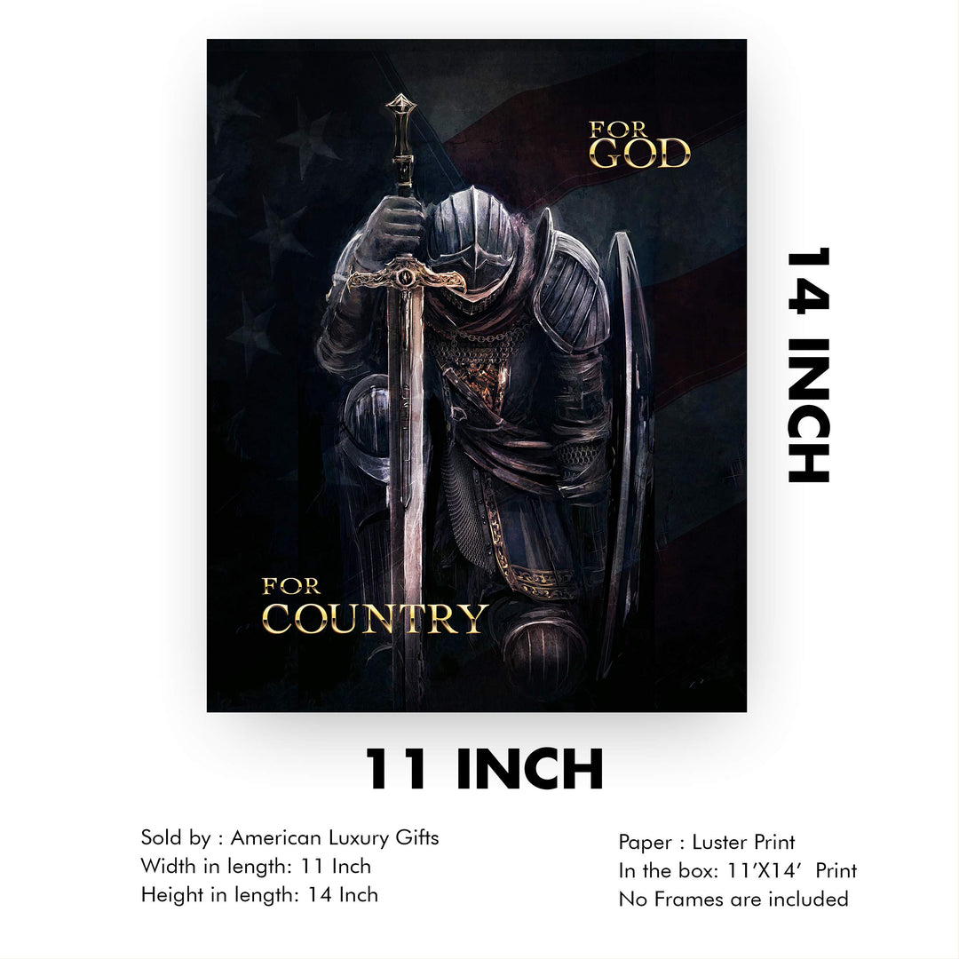 ?For God-For Country"-Patriotic American Flag Warrior Print -11 x 14" Motivational Armor of God Poster Print-Ready to Frame. Inspirational Home-Office-Church-Christian Decor. Great Gift for Patriots!