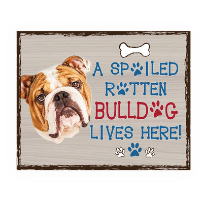 Bulldog-Dog Poster Print- 10 x 8" Wall Decor Sign-Ready To Frame."A Spoiled Rotten Bulldog Lives Here". Perfect Pet Wall Art for Home-Kitchen-Cave-Bar-Garage. Great Gift for All Bulldog Lovers.