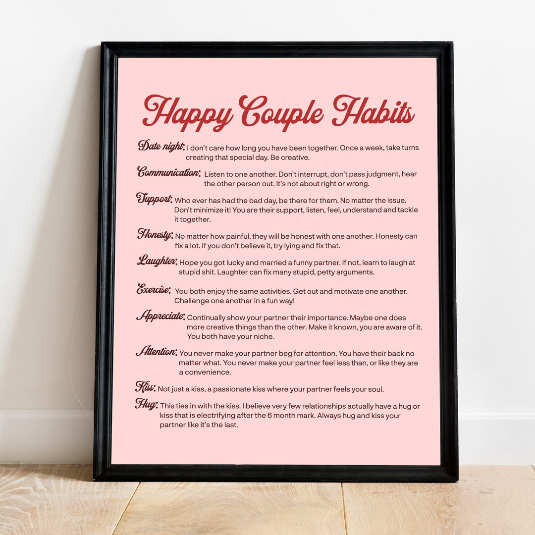 Happy Couple Habits Inspirational Wall Art Decor -11 x 14" Love &amp; Marriage Life Lessons Print -Ready to Frame. Modern Typographic Design. Romantic Anniversary Gift &amp; Wedding Sign for All Couples!