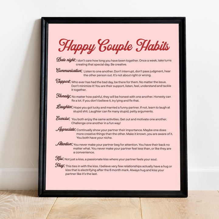 Happy Couple Habits Inspirational Wall Art Decor -11 x 14" Love &amp; Marriage Life Lessons Print -Ready to Frame. Modern Typographic Design. Romantic Anniversary Gift &amp; Wedding Sign for All Couples!