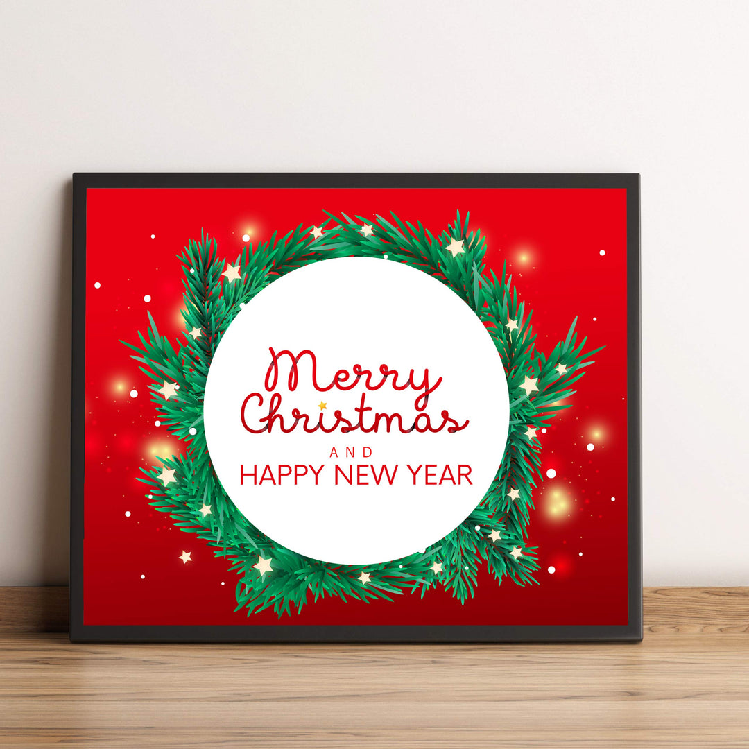 Merry Christmas &amp; A Happy New Year Holiday Decor Wall Art -10 x 8" Modern Christmas Wreath Art Print-Ready to Frame. Festive Home-Kitchen-Farmhouse Decor. Perfect Welcome Sign-Winter Decoration!