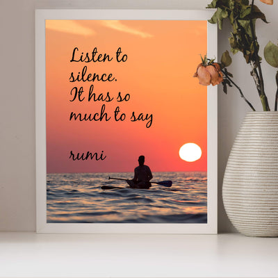 Listen to Silence-It Has Much to Say-Rumi Inspirational Quotes Wall Sign-8 x 10" Ocean Sunset Print-Ready to Frame. Modern Typographic Design. Home-Office-Dorm-Beach Decor. Great for Inspiration!