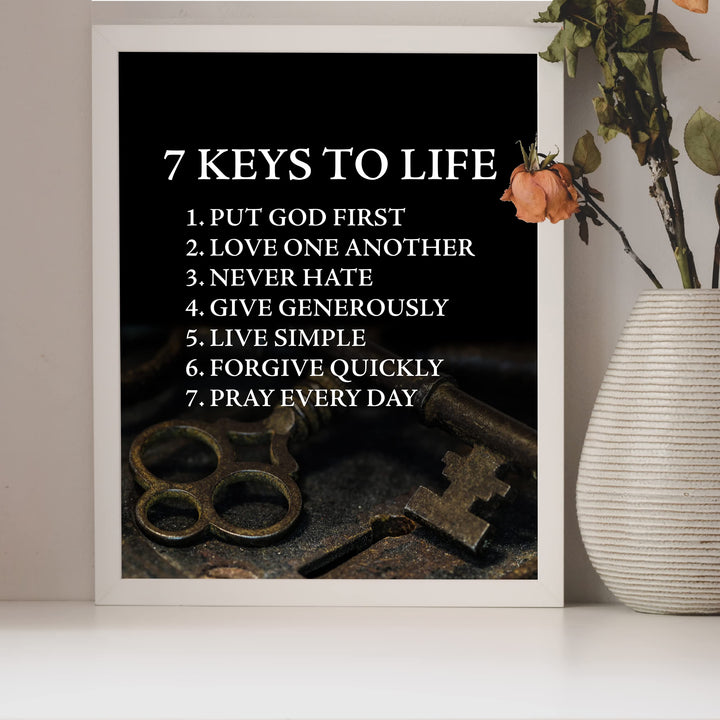 "7 Keys to Life" Inspirational Quotes Wall Sign -8 x 10" Motivational Christian Poster Print -Ready to Frame. Vintage Decor for Home-Office-Classroom-Church. Perfect Life Lessons for All!