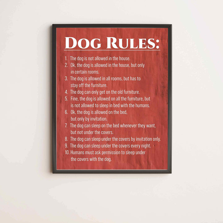 Dog Rules Funny Wall Sign -11 x 14" Typographic Art Print-Ready to Frame. Home-Kitchen-Entryway Decor. Great Housewarming Gift-Perfect for Dog Lovers! Humorous Reminders for Guests &amp; Pet Owners!