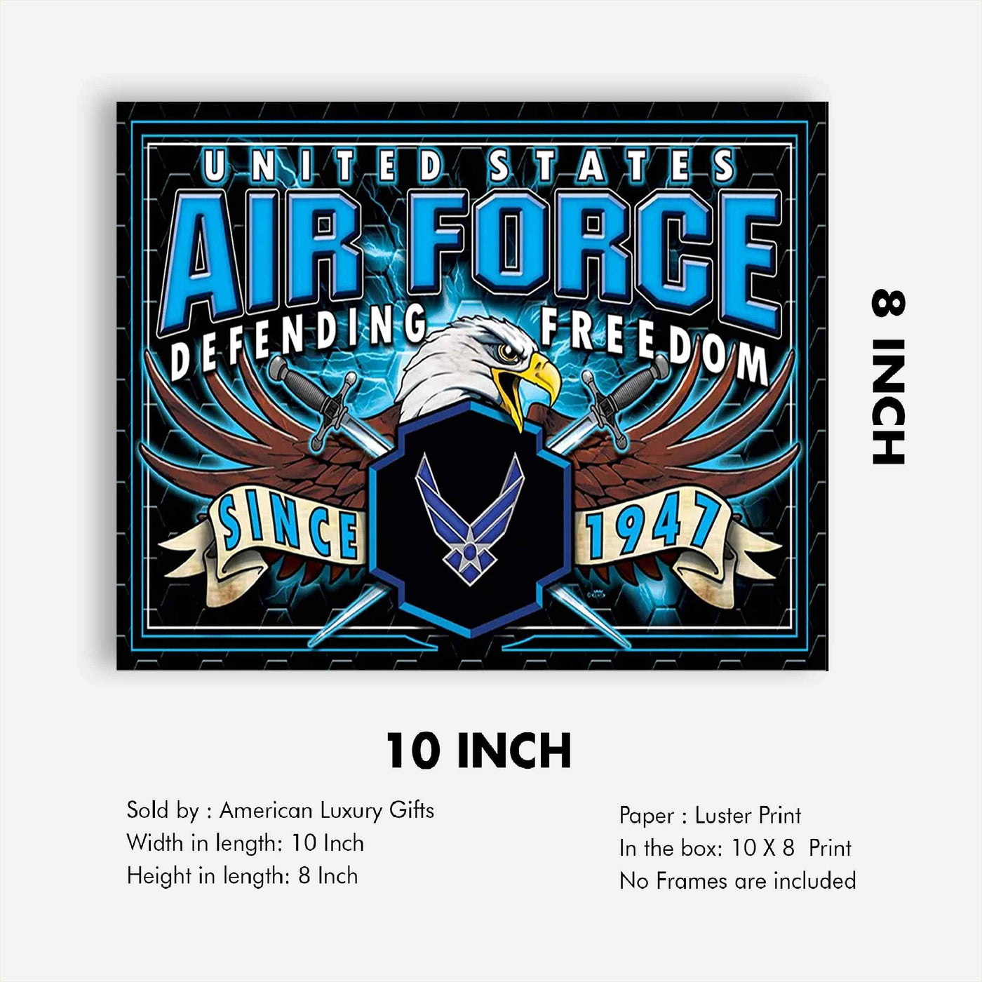 U.S. Air Force War Eagle Poster Print- 10 x 8"- Airmen Wall Art Prints-Ready To Frame."Defending Freedom Since 1947". Home-Office-Military Decor. Great Gift to Display Airman's Military Pride!