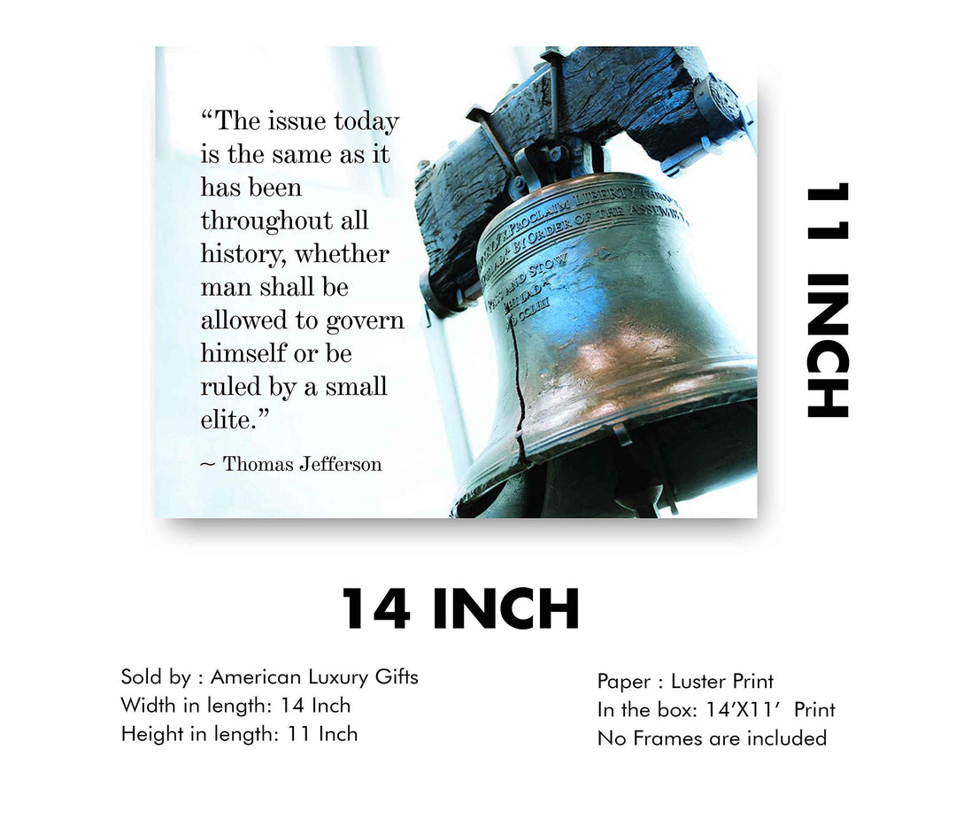 Thomas Jefferson Quotes Wall Art-"Man Shall Govern Himself-Be Ruled By Small Elite"-14 x 11" Patriotic Poster Print with Liberty Bell Photo-Ready to Frame. Perfect Home-Office-School-Library Decor!