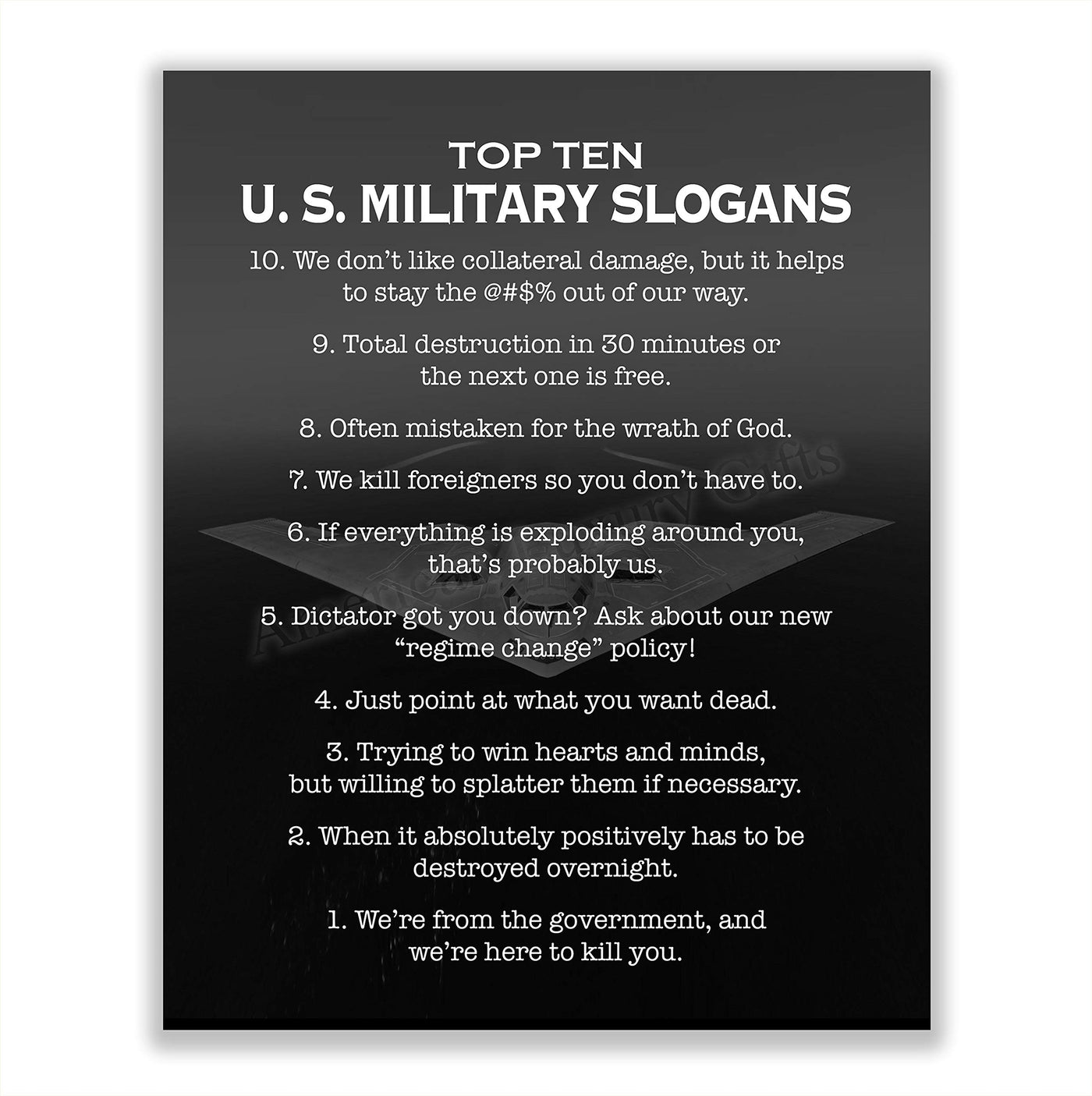 Top Ten U.S. Military Slogans-Patriotic Wall Art- 8 x 10" Typographic Print w/Stealth Bomber Image-Ready To Frame. Home-Office-Garage-Cave-Military Decor. Perfect Gift for Veterans!