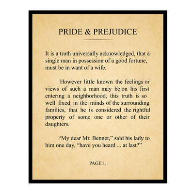 Pride and Prejudice-Chapter 1 Book Page Print-11 x 14" Literary Wall Art Quotes w/Replica Distressed Parchment Design-Ready to Frame. Inspirational Wall Decor for Home-Office-Study-Library!