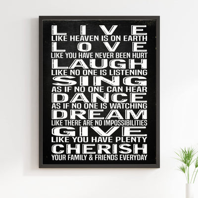 Live Laugh Love Sing-Happy Life Rules Sign -11 x 14" Typographic Farmhouse Wall Art Print-Ready to Frame. Rustic Home-Office-Studio-School-Dorm Decor. Great Positive Advice! Printed on Photo Paper.