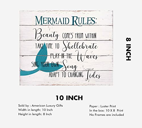 "Mermaid Rules" Inspirational Beach Wall Decor Print-Ready to Frame. -10x8"