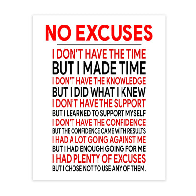 No Excuses Motivational Exercise Wall Art Sign -11 x 14" Inspirational Fitness Poster Print -Ready to Frame. Perfect Decoration for Home-Gym-Weight-Locker Room Decor. Great Gift of Motivation!