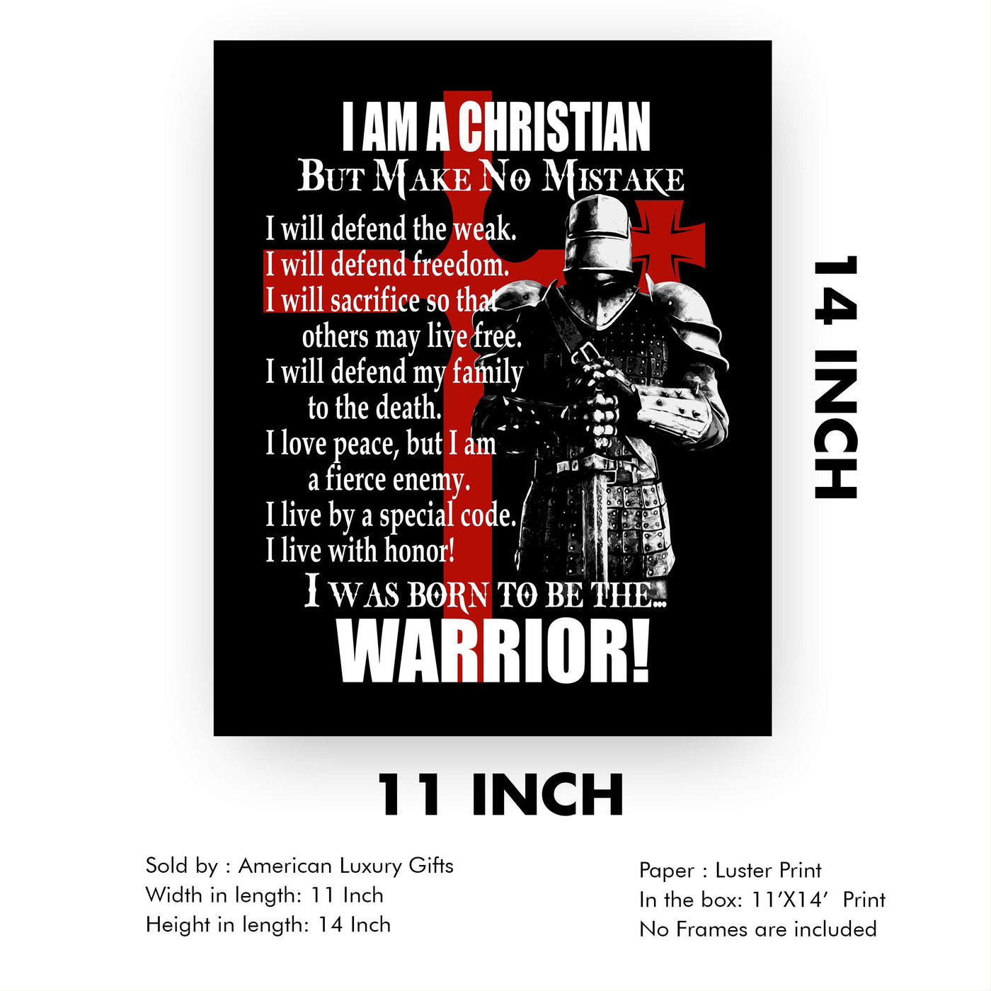 I Am A Christian-I Was Born To Be The Warrior Inspirational Quotes Wall Art -11 x 14" Fierce Motivational Wall Print-Ready to Frame. Home-Office-Church Decor. Perfect Gift of Faith & Inspiration!