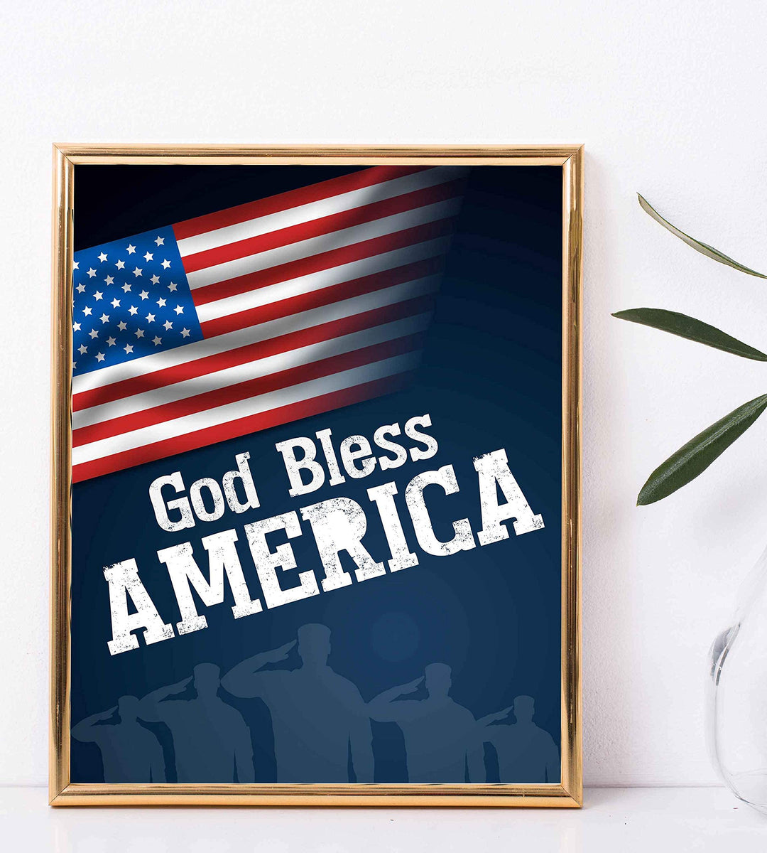 God Bless America-8 x 10" Patriotic Wall Decor-Ready To Frame. Typographic Poster Print w/American Flag &amp; Silhouette of Troops. Ideal Art Decor for Home-Office-Garage-Cave. Display Your Patriotism!