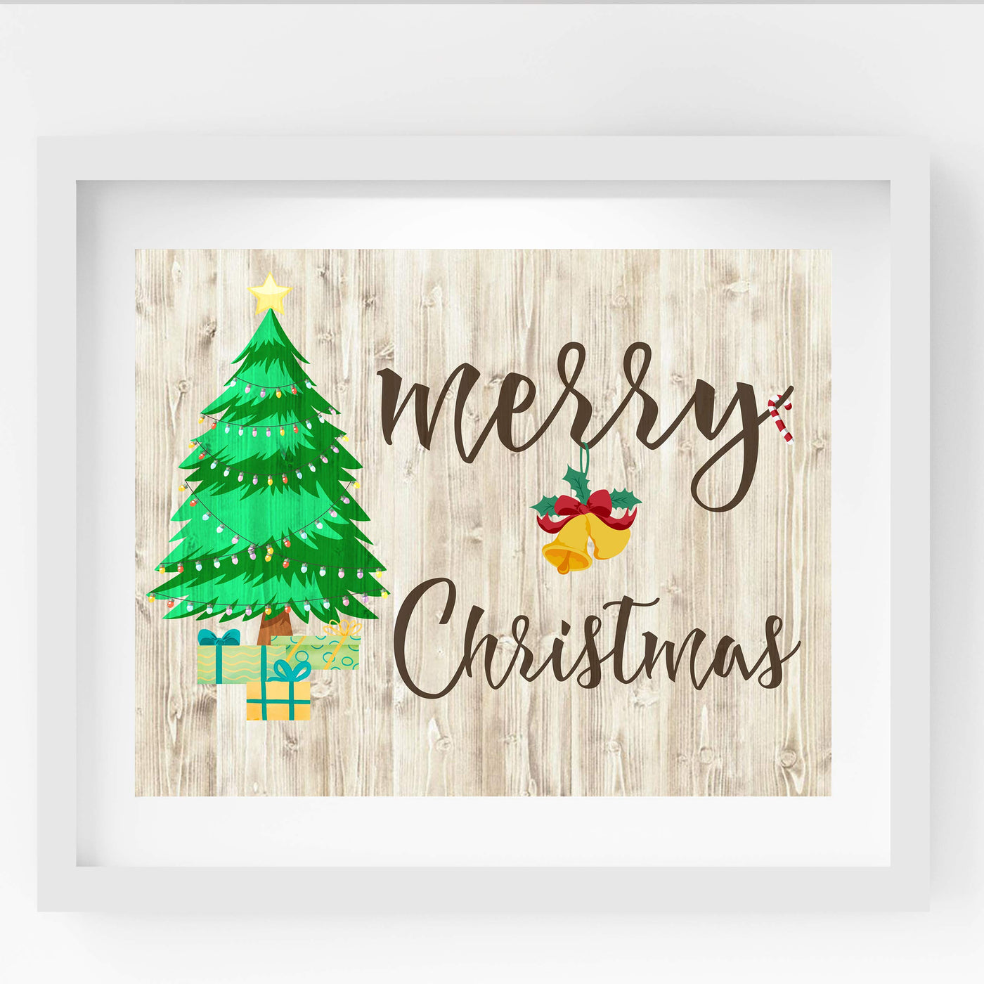 Merry Christmas Rustic Holiday Wall Decor -14 x 11" Festive Winter Art Print with Christmas Tree Image-Ready to Frame. Home-Kitchen-Farmhouse-Welcome Decor. Great Christian Gift! Printed on Paper.