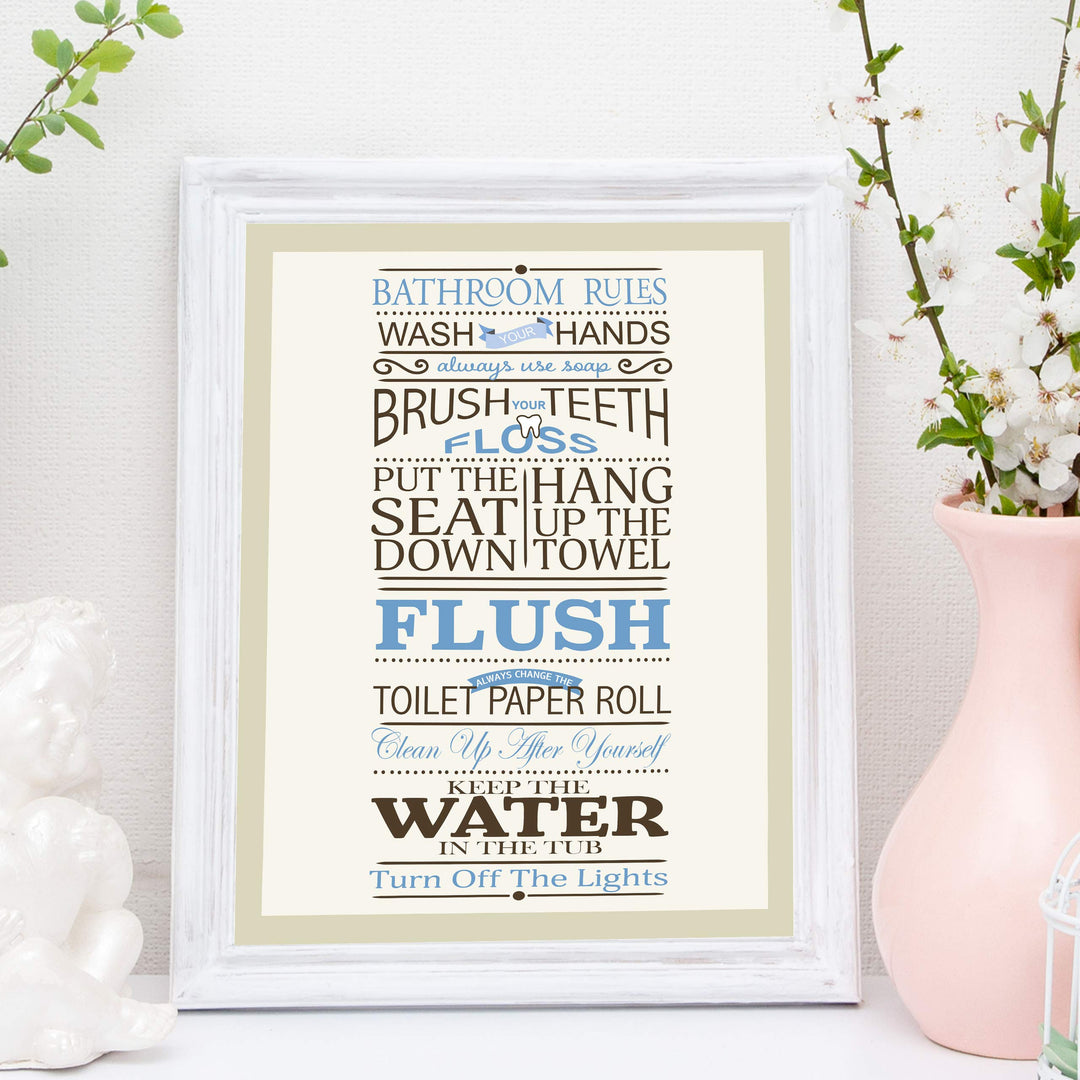 Bathroom Rules: Wash-Brush-Flush-Lights- Fun Bathroom Sign- 11 x 14" Print Wall Art-Ready to Frame. Classy Home &amp; Bathroom D?cor- Housewarming Wall Print. Perfect For Guests &amp; Kids Bathrooms.