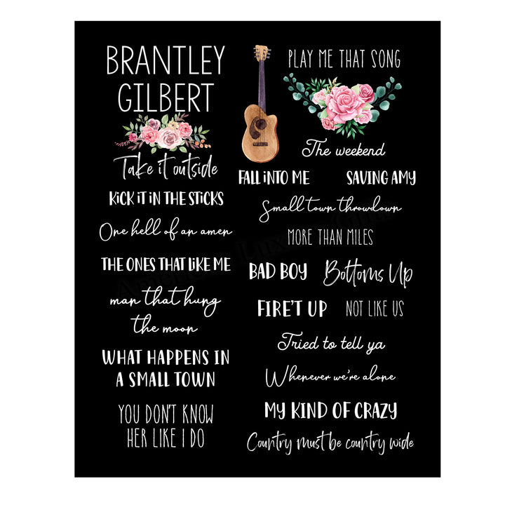 Brantley Gilbert-Song Titles Wall Art Sign -11 x 14" Country Music Poster Print w/Guitar Image-Ready to Frame. Rustic Decor for Home-Studio-Bar-Dorm-Cave. Great Gift for Brantley Gilbert Fans!